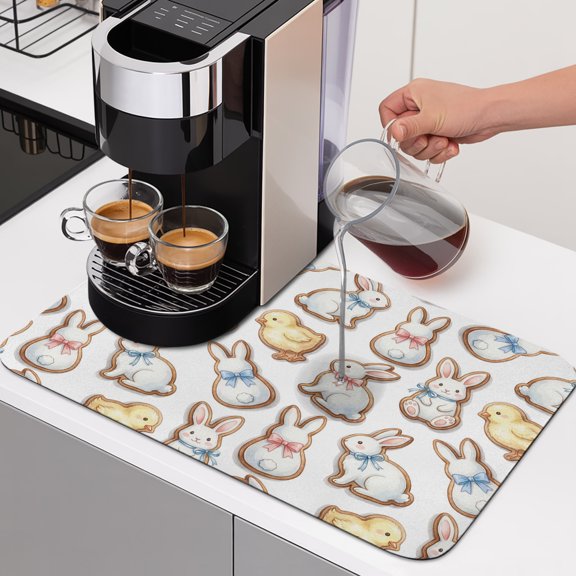 Rabbit Chicken Dish Drying Mats for Kitchen Counter, Cute Abstract Animal Biscuit Art Easter Absorbent Coffee Bar Mat with Non-slip Rubber Backed Quick Drying Dish Rack Pad 12"x16"