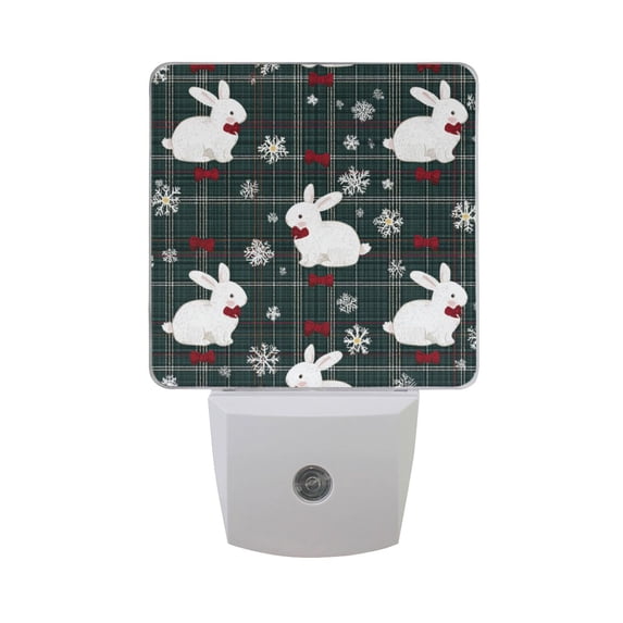 Rabbit Christmas Red Bow Green Gingham Plaids LED Night Light Sensor Lamp Plug-in Adjustable Brightness 2 Pack