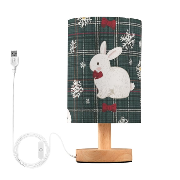 Rabbit Christmas Red Bow Green Gingham Plaids Table Lamp with USB Port LED Warm Light Lamp Night Light Home Decor