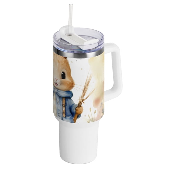 Rabbit Coat Leaves 40 oz Tumbler with Handle InsulatedTravel MugLid Straw Leak Proof Steel Vacuum Water Bottles Glasses Fits in Car Cup Holder