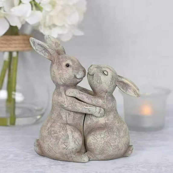 Rabbit Couple Resin Garden Statue – Sweet Home and Garden Decoration, Durable Outdoor Art for Yard, Patio, or Indoor Display for Animal Lovers,White