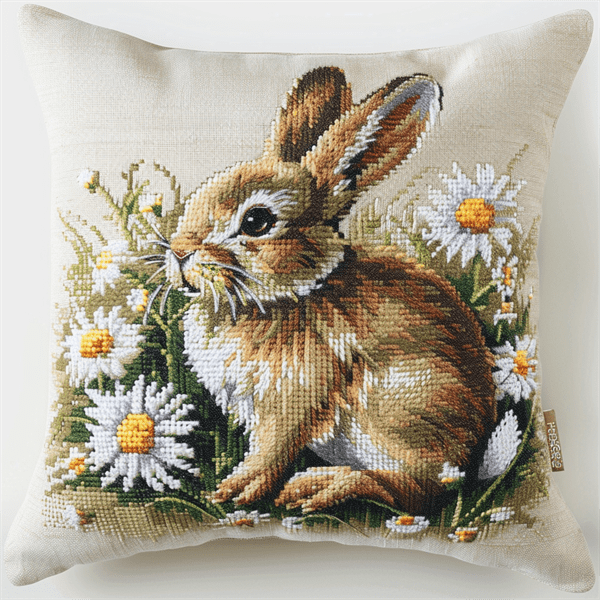 Rabbit Cross Stitch Kits Pre Stamped Pillowcase , 45X45CM , Cross Stitch Kits for Beginner (11 Count)