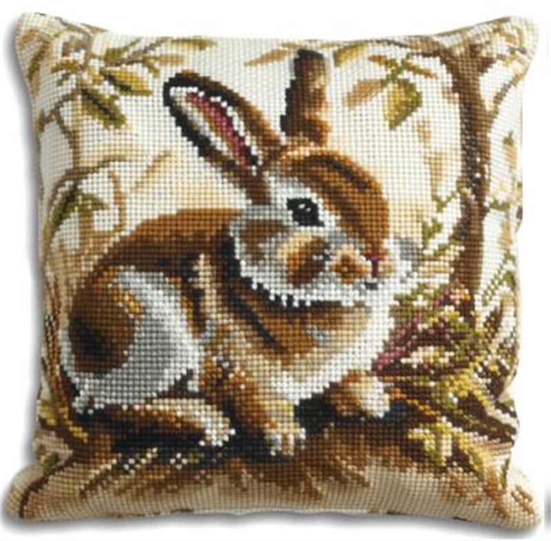 Rabbit Cross Stitch Kits Pre Stamped Pillowcase , 45X45cm , DIY Handmade Embroidered for Home Decor (11ct)