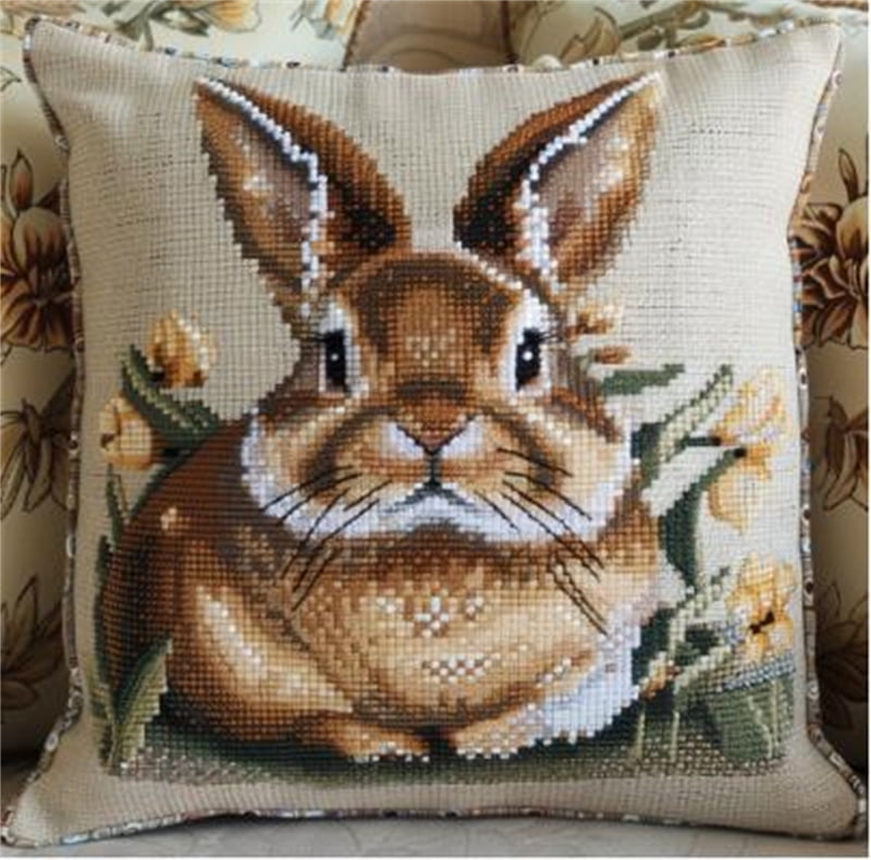 Rabbit Cross Stitch Throw Pillow Case Kits , 45X45cm , Cross Stitch Kits for Adults (11ct)