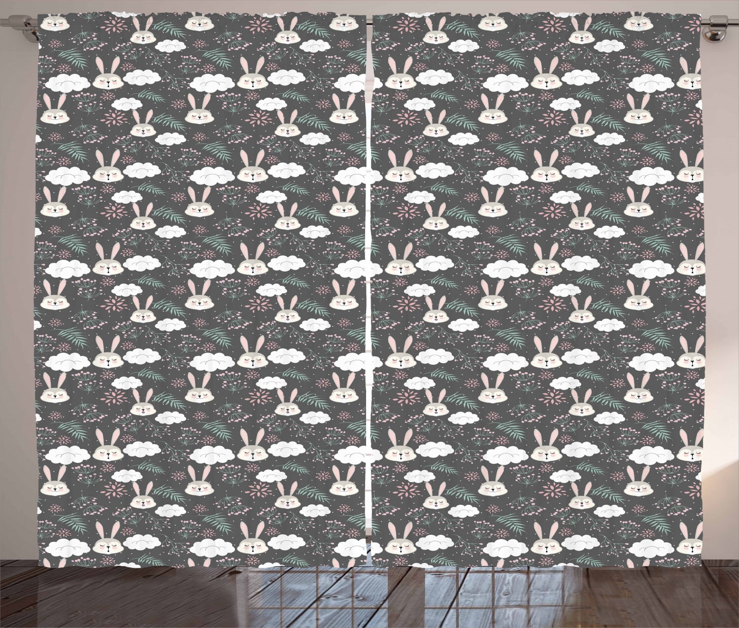 Ambesonne Rabbit Curtains 2 Panel Set, Sleeping Bunnies and Clouds, 108 ...