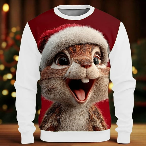 Rabbit Cute Christmas Sweatshirt Funny Neck Shirt Long Sleeve Outdoor Holiday Pullover Top for Men