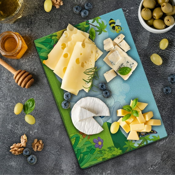 Rabbit Cutting Board, Rodent on the Grass Bee and Butterfly Birds Flowers Cartoon Fun Design, Decorative Tempered Glass Cutting and Serving Board, Small Size, Multicolor, by Ambesonne