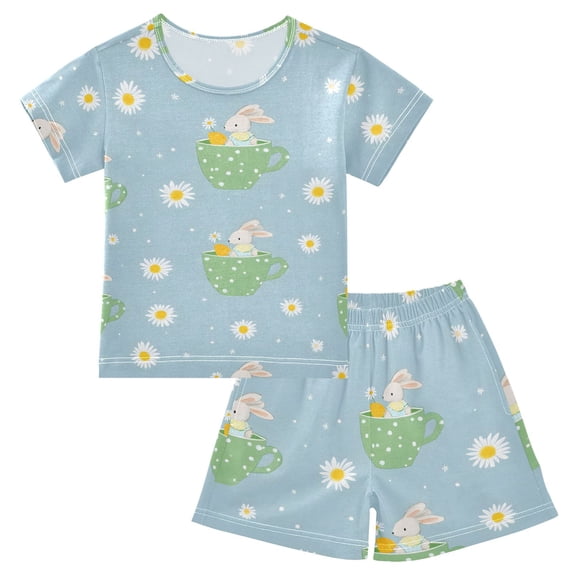 Rabbit Daisy Pattern Summer Pajama Set Soft Cotton Short Sleeve Sleepwear 2PCS Pajama Sets Breathable Lounge Set Size 14Y
