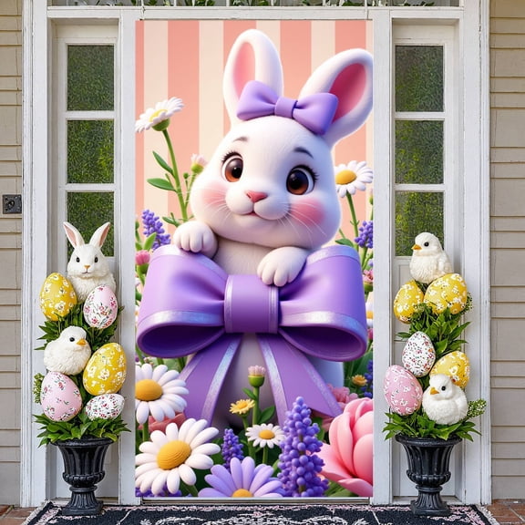 Rabbit Design Easter Banner Purple Bow Rabbit Backdrop Floral Pattern Shiny Ribbon Floral Background for Easter Celebration Spring Party Girls' Birthday
