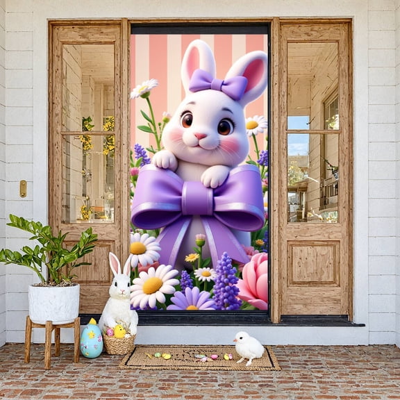Rabbit Design Easter Banner Purple Bow Rabbit Backdrop Floral Pattern Shiny Ribbon Floral Background for Easter Celebration Spring Party Girls' Birthday