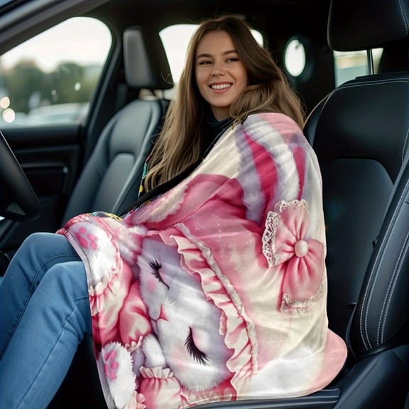 Rabbit Dressed in Pink Flannel Blanket Perfect for Home Furnishings Suitable for Sofas Beds Travel Camping Living Rooms Offices Chairs Beds Soft And Warm Flannel Fabric with a Digital Print