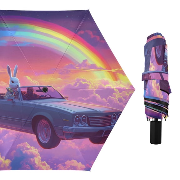 Rabbit Drive Among Clouds Rainbow All Weather Umbrella Triple Folding Parasol 6 Ribs UV Protection Portable