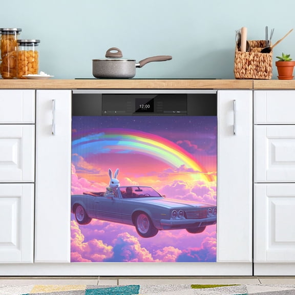 Rabbit Drive Among Clouds Rainbow Dishwasher Magnet Refrigerator Magnetic Cover Washing Machine Magnet Sticker Kitchen Decor