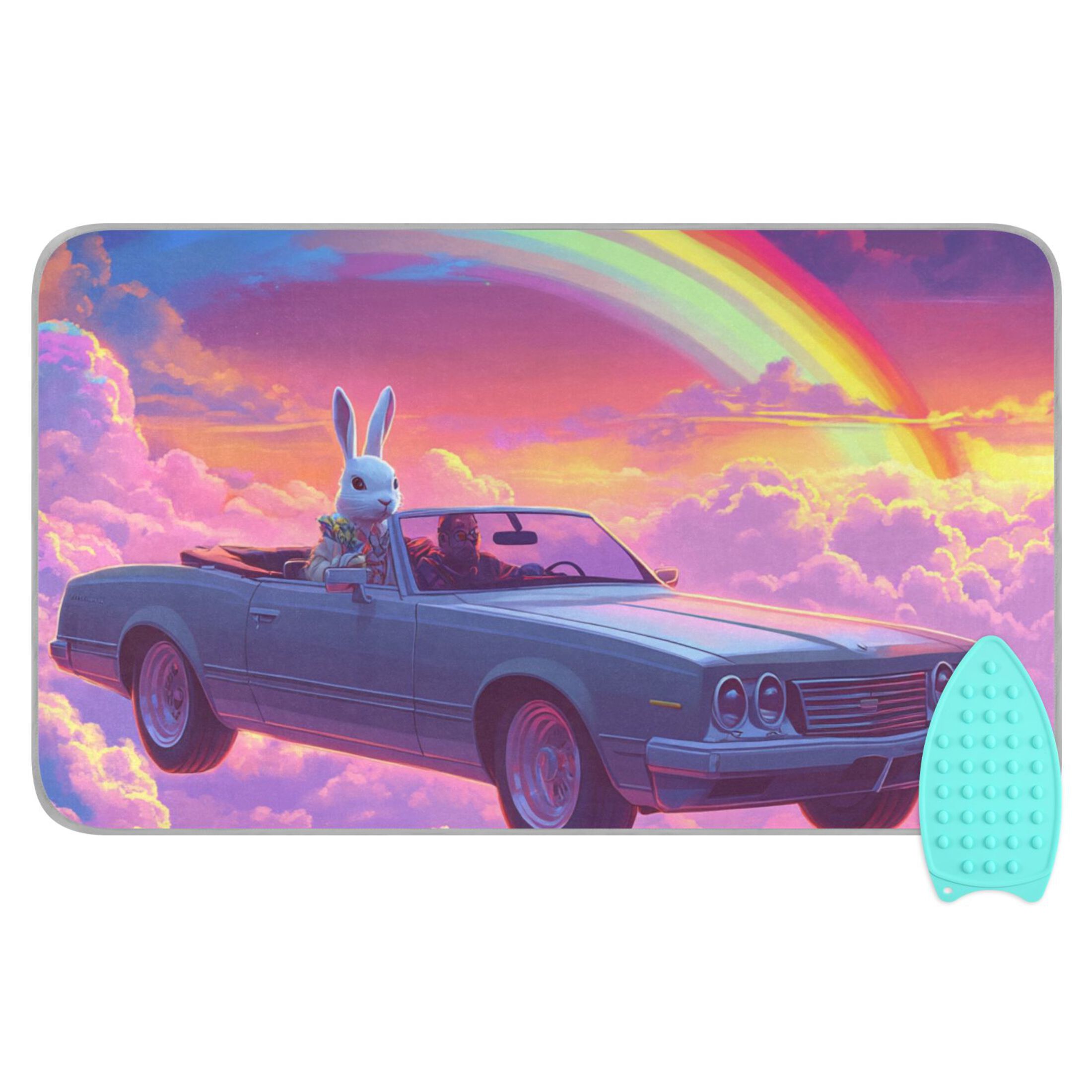 Rabbit Drive Among Clouds Rainbow Ironing Mat Blanket Portable Travel Ironing Pad Heat Resistant Pad 47.2" x 27.6”