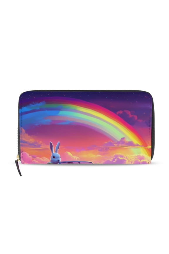 Rabbit Drive Among Clouds Rainbow Women's Long Zipper Wallet Bifold Clutch Purse PU Leather Card Cases