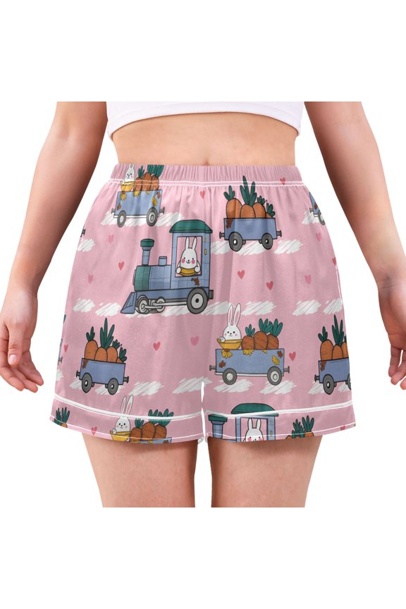 Rabbit Driving Pattern Women's Pajama Shorts Silky Satin Casual Lounge Sleep Zero Pressure