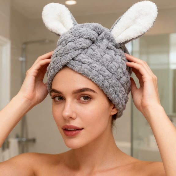 Rabbit Dry Turban under $5! Kadlawus Rabbit Coral Fleece Hair Cap, Quick Dry Shower Turban, Bath Hair Drying Wrap for Women, Soft Absorbent Hair Towel, 30x30cm
