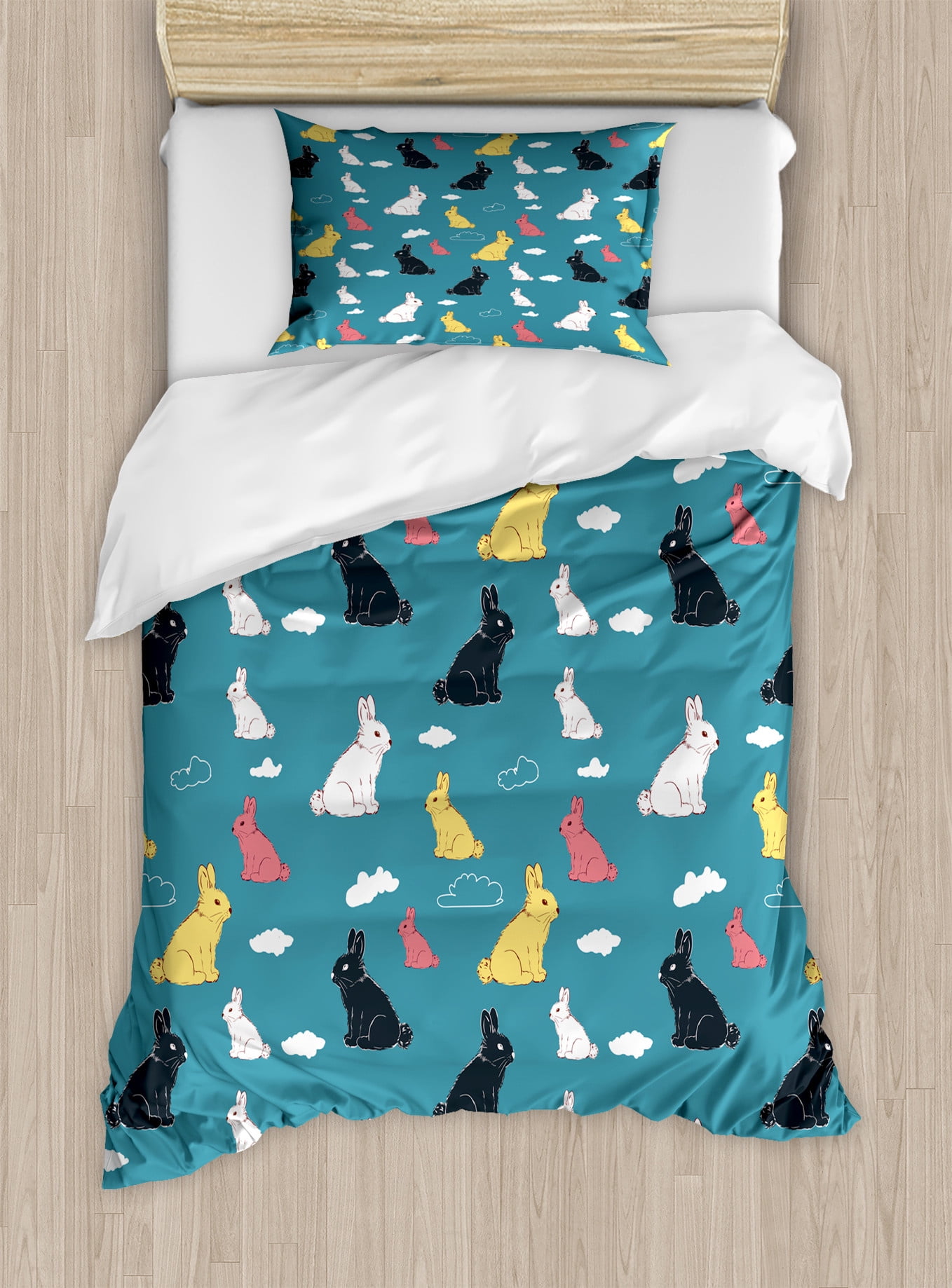 Rabbit Duvet Cover Set, Cartoon Drawn Playful Pattern of Colorful Bunny ...