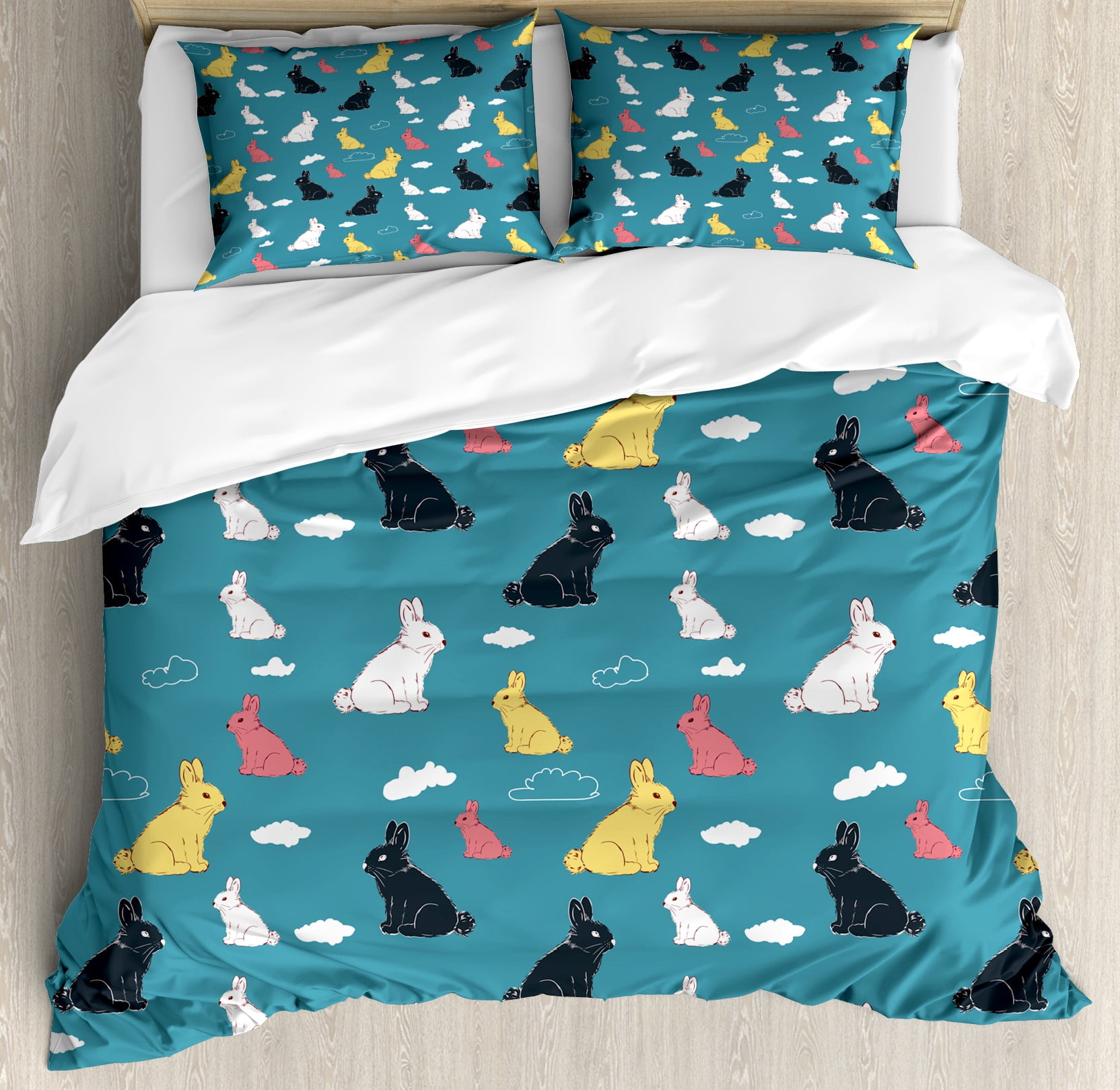 Rabbit Duvet Cover Set, Cartoon Drawn Playful Pattern of Colorful Bunny ...