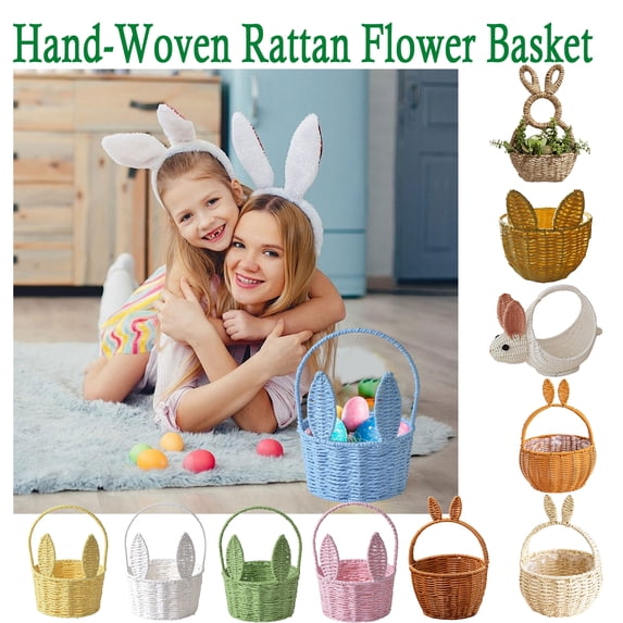 Rabbit Ear Flower Basket, Imitation Rattan Paper Rope Woven Handheld Basket for Floral Design, Greenery Display, Flower Arrangement Props, Easter Bunny Decor and Spring Home Decoration, HAODEJW