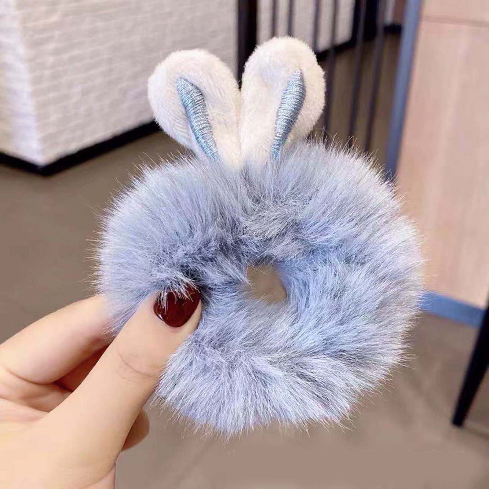 Rabbit Ear Fuzzy Furry Hair Rings Cute Ponytail Holder Elastic Hair ...