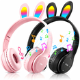 thumbnail image 1 of QINIUXO 2 Pack Kids Bluetooth Headphones with Bunny Ears, Volume Limited Wireless Headphones with Microphone for Girls & Boys, Foldable Over-Ear Headset for School, Tablet, Phone & PC (Pink/Black), 1 of 7