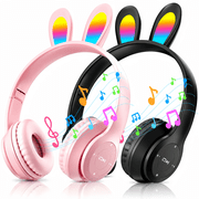 QINIUXO 2 Pack Kids Bluetooth Headphones with Bunny Ears, Volume Limited Wireless Headphones with Microphone for Girls & Boys, Foldable Over-Ear Headset for Sch