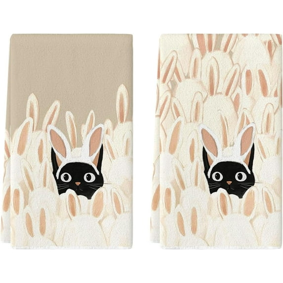 Rabbit Ears Black Cat Easter Kitchen Towels Dish Towels, 18x26 Inch Spring Farmhouse Bunny Decoration Hand Towels Set of 2
