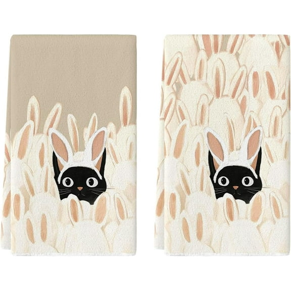 Rabbit Ears Black Cat Easter Kitchen Towels Dish Towels, 18x26 Inch Spring Farmhouse Bunny Decoration Hand Towels Set of 2