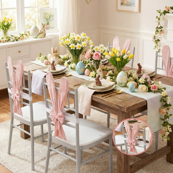 Rabbit Ears Chair Back Covers,Cute Pink Easter Bunny Chair Back Covers,Removable Stretch Slipcovers for Home Easter Spring Dinning Table Birthday Party Decor,Easter Bunny Decorations Seat Decorations