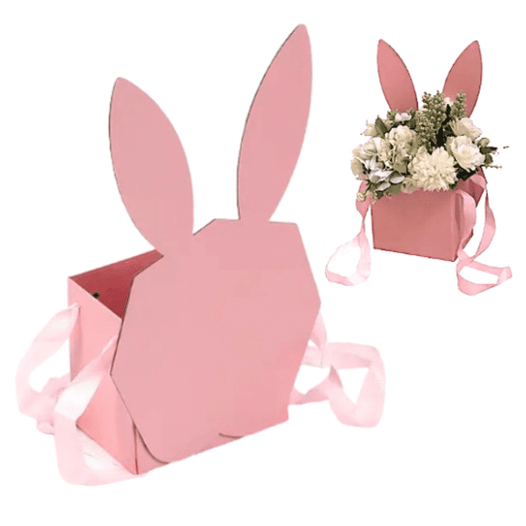 Rabbit Ears Designer Shaped Gift Box with Ribbed Ribbon Handle Customizable 12.25 x 7 x 4 inches, PINK (1 Box)