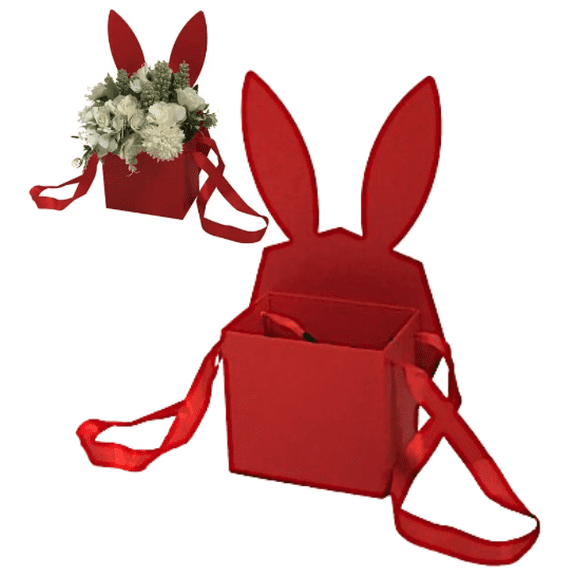 Rabbit Ears Designer Shaped Gift Box with Ribbed Ribbon Handle Customizable 12.25 x 7 x 4 inches, RED (1 Box)