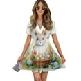 thumbnail image 1 of Rabbit Easter Bunny Women Dress V-Neck Short Sleeve Flowy Swing Party Midi Dress, 1 of 4