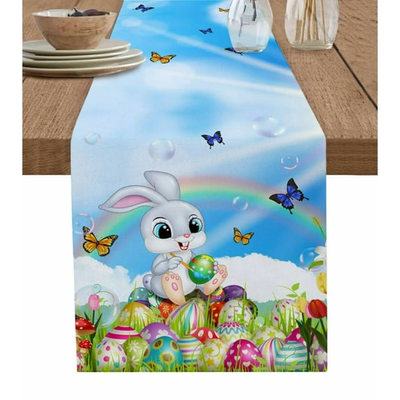 Rabbit Easter Egg Cartoon Butterfly Grassland Sky Table Runners Dining Room Home Decor Tablecloth Table Cover