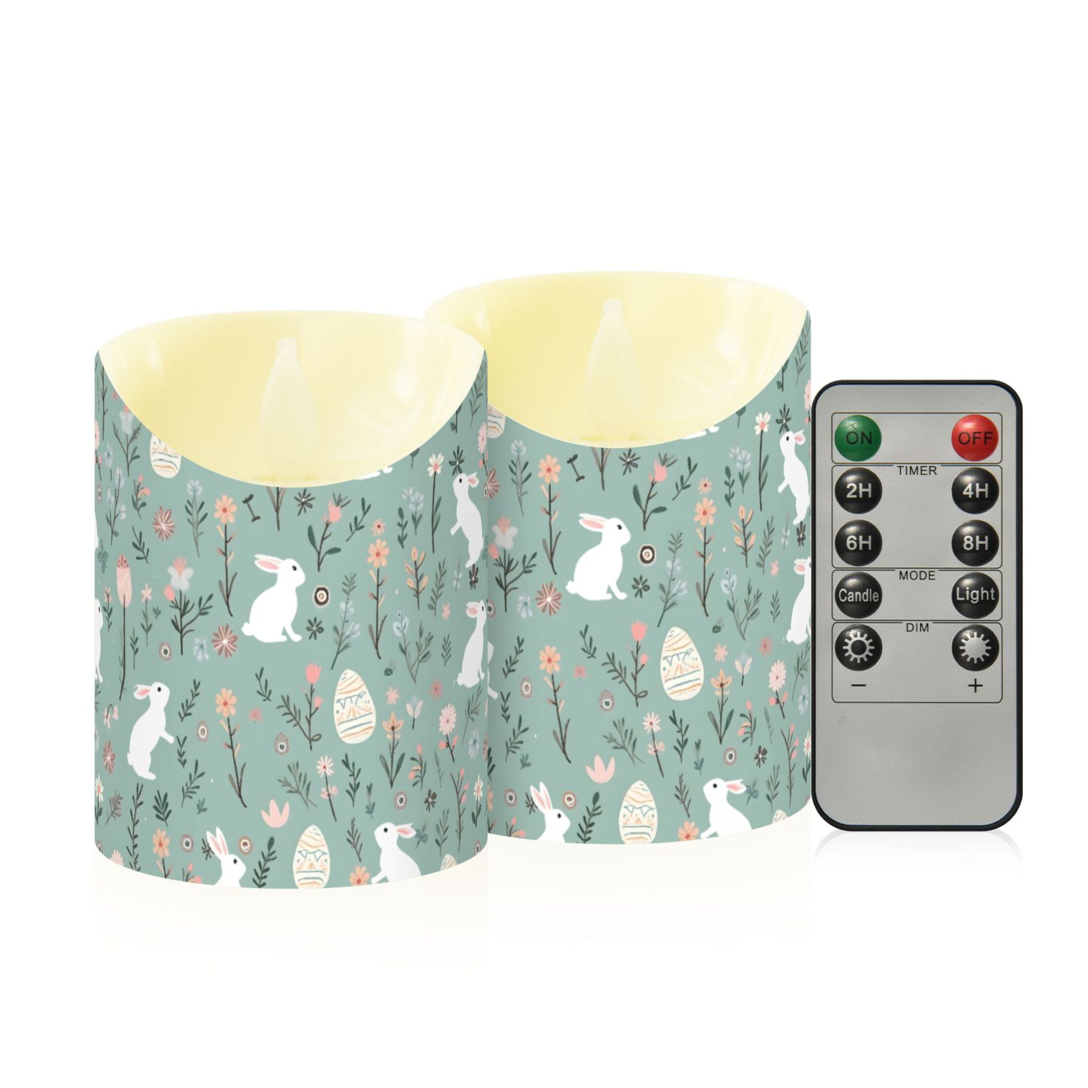 Rabbit Easter Egg Floral Pattern Flameless Candles 2 PCS with Remote Realistic Moving Flame LED Tapered Pillar Set for Home Decor