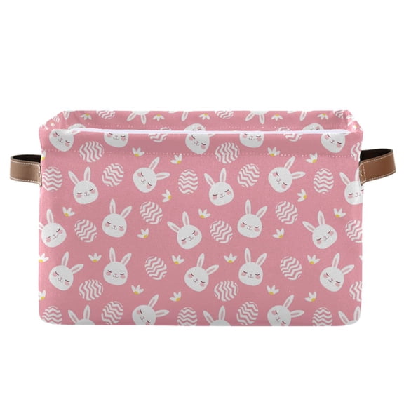 Rabbit Easter Egg Pattern Storage Basket Canvas Waterproof PE Lining PU Leather Handles Collapsible 14.2x10.2x8.3in