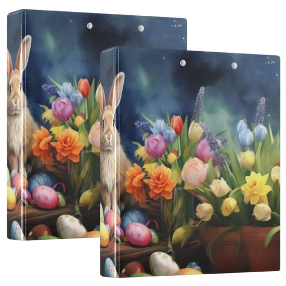 Rabbit Easter Eggs Flowers 3 Ring Binders 1.5 inch Hardcover File Folders with Interior Pockets A4 Size Organizer for School Office Hospital