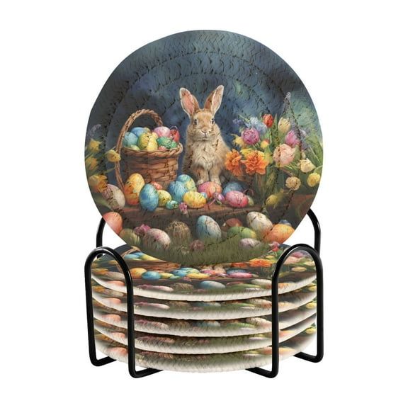Rabbit Easter Eggs Flowers 6 Pcs Drink Coasters with Holder Absorbent Coasters Woven Coasters for Drinks Table Desk Protection Home Decor