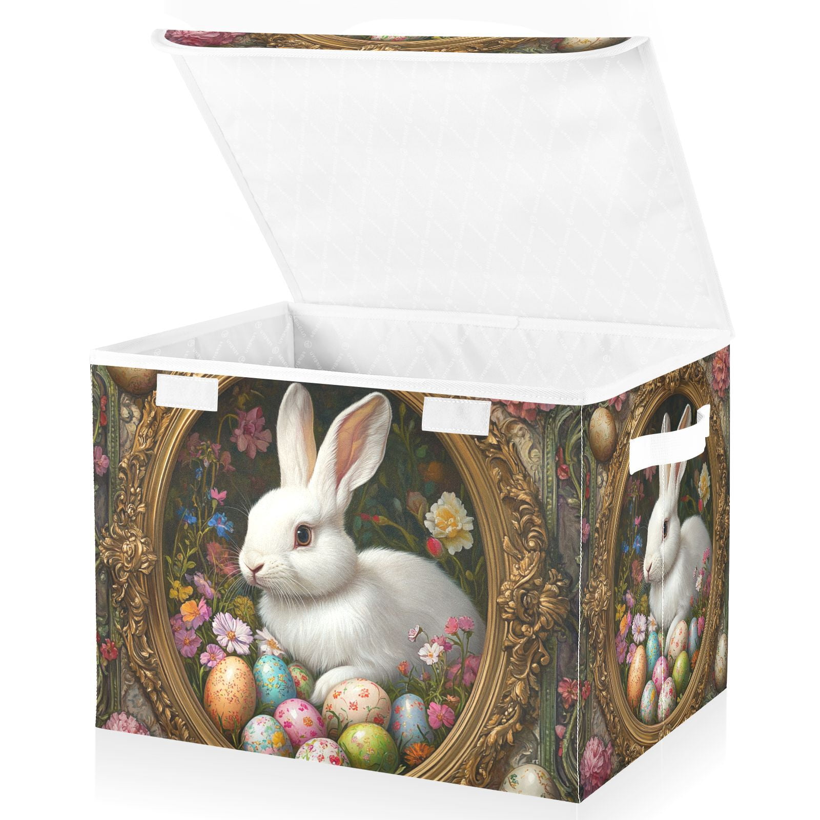 Rabbit Easter Eggs Flowers Storage Basket for Shelves Foldable Container Organizer for Organizing Toys Clothes Books with Handles