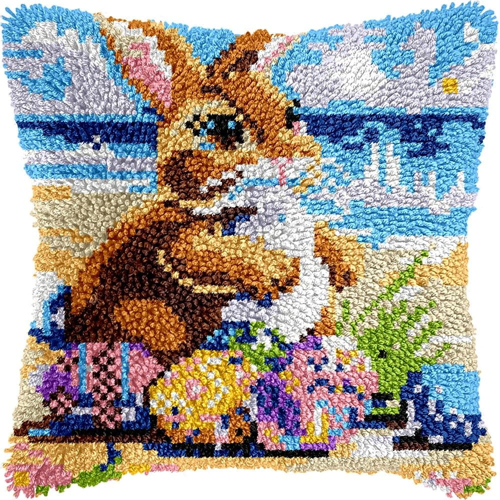 Rabbit & Easter Eggs Latch Hook Kits Pillow kits Cushion Throw Pillow Embroidery Craft Kits DIY Kits of DIY Hooking Pillowcase Cover Supplier with Color Printed Canvas 43x43cm (68)