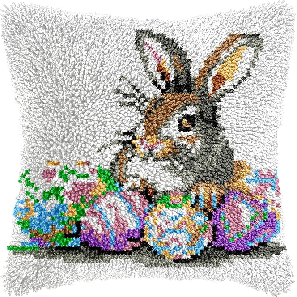 Rabbit & Easter Eggs Latch Hook Kits Pillow kits Cushion Throw Pillow Embroidery Craft Kits DIY Kits of DIY Hooking Pillowcase Cover Supplier with Color Printed Canvas 43x43cm (7)