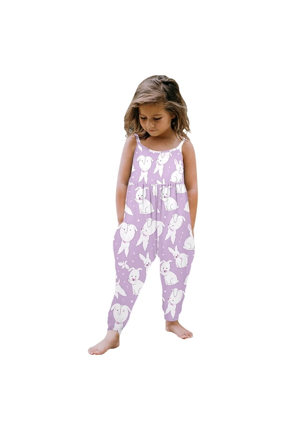 Rabbit Egg Print Romper For Girls Purple 5Y-6Y