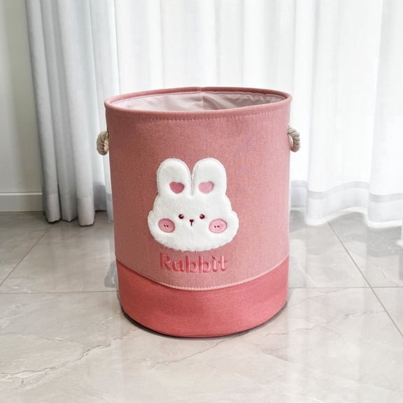 Rabbit Embroidered Patchwork Triple-Layer Thickened Cartoon Canvas Toy Storage Basket,Easter Round Cotton Fabric Collapsible Organizer Box