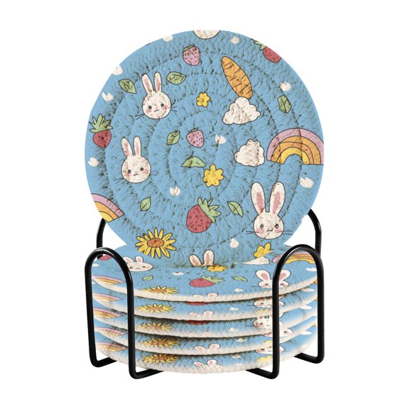 Rabbit Face Coasters for Drinks Set of 6 with Holder Handmade Woven Rope Absorbent Heat Resistant 4 Inch