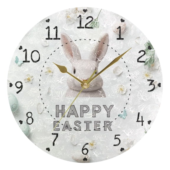 Rabbit Face Eggs Happy Easter Round Wall Clock Silent Analog Battery Operated Gold Pointer Home Decor 9.84" Diameter