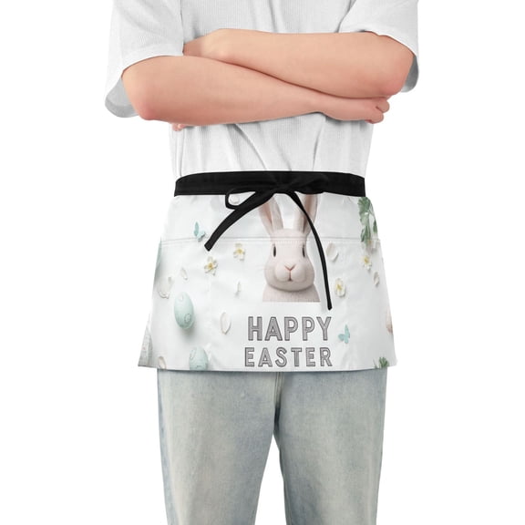 Rabbit Face Eggs Happy Easter Short Server Apron with 3 Pockets for Unisex Chef Gardening