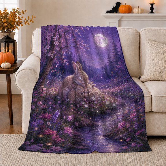 Rabbit Family Moonlit Forest in Dreamy Enchanted Style for Rabbit Lovers, Wildflower Stream Scene, Cozy Flannel Blanket for Nursery and Bedroom, Birthday Gift, Woodland Home Decor