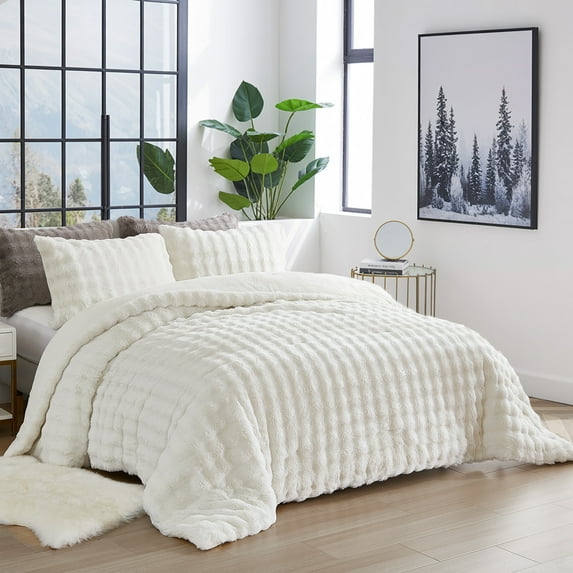 Rabbit Faux Fur Bubble Comforter Set Queen Size Plush Fluffy Comforter White Bedding Set Soft Cozy Warm Winter Bedding Queen Size Smoofy Velvet Bubble Fur Fuzzy Comforter Luxury Bedding 3 Pcs