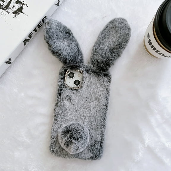 Rabbit Faux Furry Case Cover for Apple iPhone 14 Pro 6.1", Girly Fluffy Faux Fur Protective Anti-Scratch Bunny Case for Girls Women - Gray
