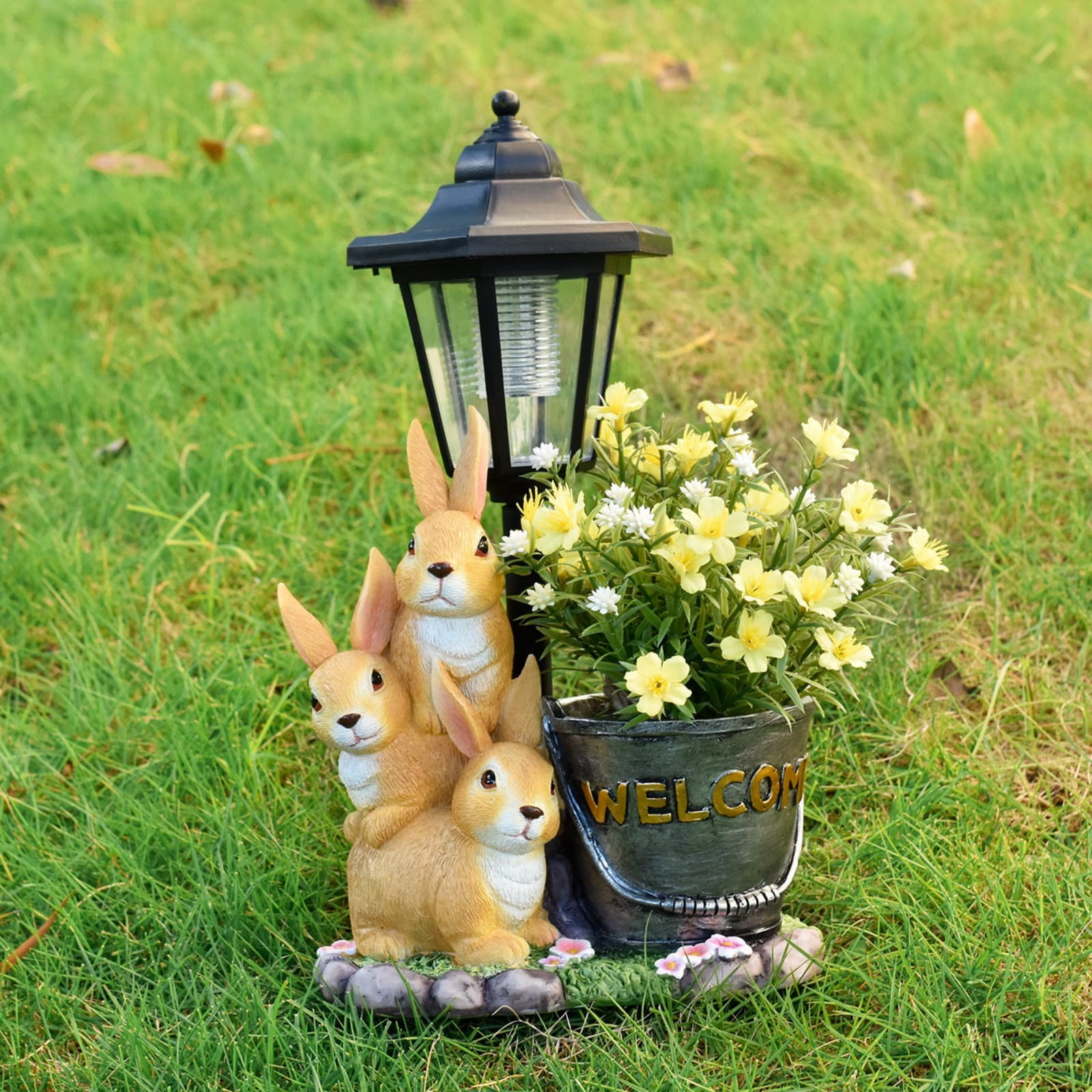 Rabbit Figurine Solar Garden Statue Outdoor with LED Lantern Light, Bunny Flowerpot Decor for Yard Art Lawn Ornaments, Patio Porch Balcony Decorations, Gardening Gifts for Women Mom Grandma